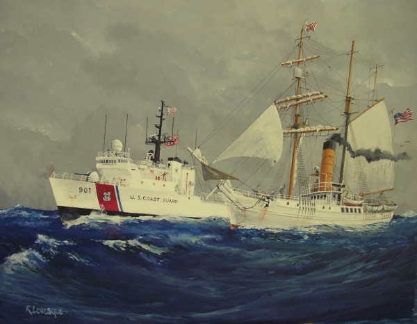 4)	The painting “The Two Bears,” by Dick Levesque, depicting the modern cutter Bear (WMEC-901) steaming beside its namesake cutter, USRC Bear. (U.S. Coast Guard) 4)	The painting “The Two Bears,” by Dick Levesque, depicting the modern cutter Bear (WMEC-901) steaming beside its namesake cutter, USRC Bear. (U.S. Coast Guard)